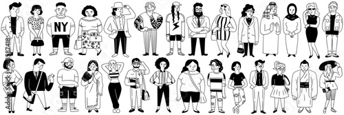 Cute character illustration of different people in various outfits, multinational, multiracial, multiculture, diversity. Outline, thin line art, hand drawn sketch, black and white ink style.  