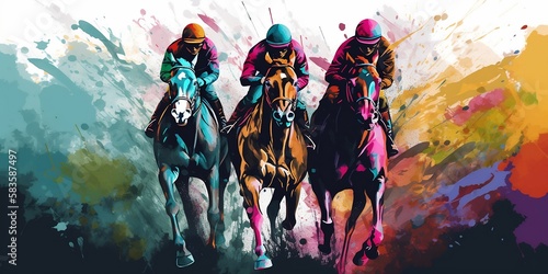 courses hippique, chevaux et jockey stylisé en peinture moderne - illustration ia 