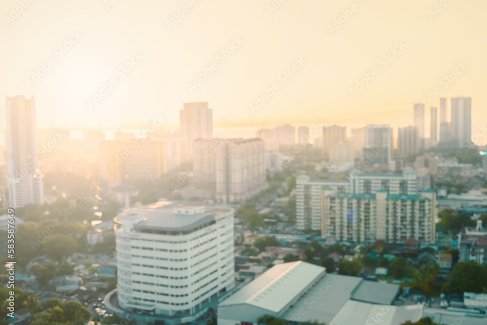 Abstract blur focus city hotel corporate building in blue morning business background. Cityscape skyline light outside office window grey sky view. Day bokeh winter bank company blur backdrop outdoor.