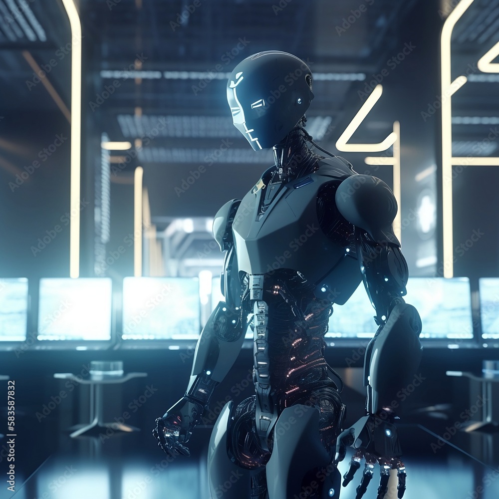 AI robots work in the office space instead humans. 3D render, Realistic