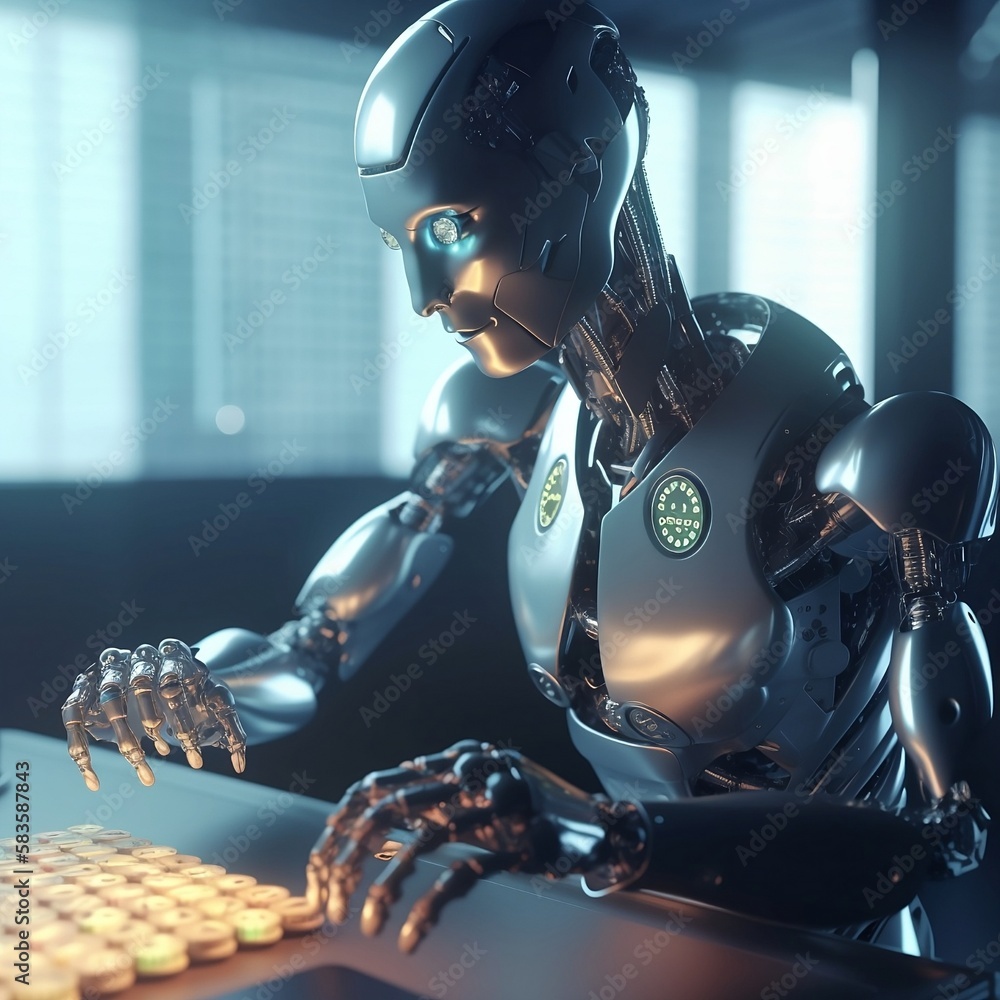 AI robots work in the office space instead humans. 3D render, Realistic