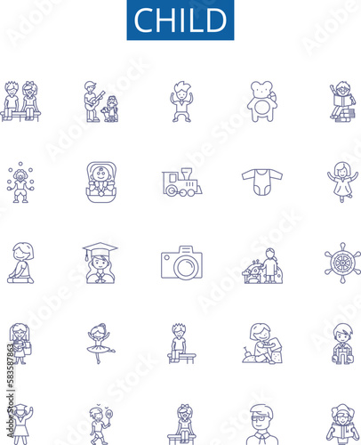 Child line icons signs set. Design collection of Infant, Kid, Toddler, Baby, Youth, Minor, Preschooler, Adolescent outline concept vector illustrations