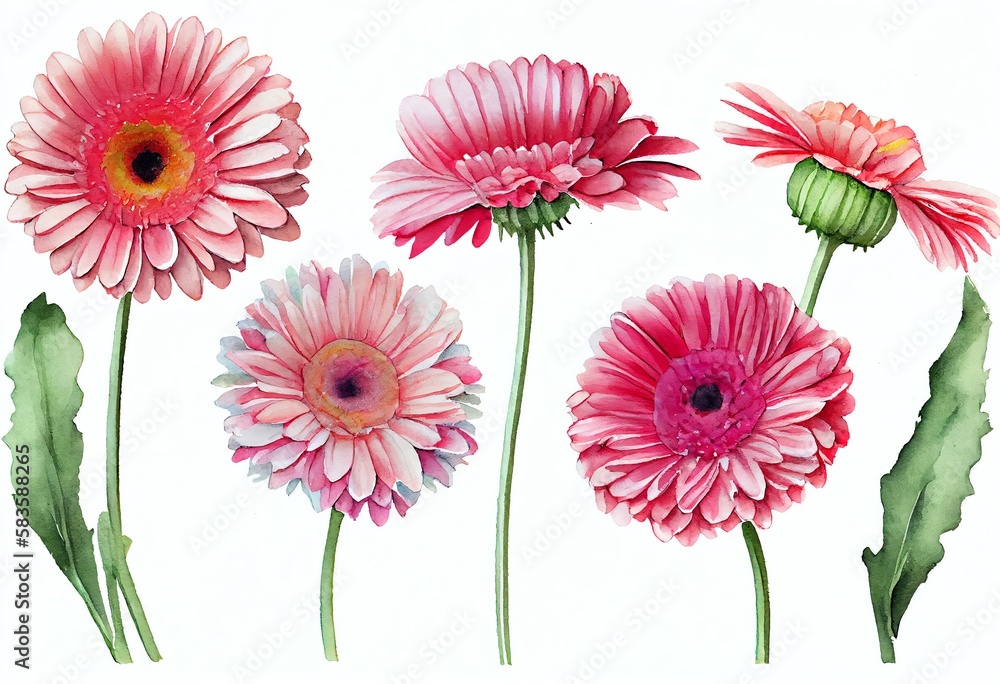 Watercolor Illustration of a Assorted Pink Gerbera Daisy Flower Heads Isolated On White Background. Generative AI