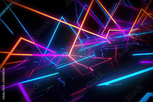 Neon Geometry: A Futuristic Digital Art with Vibrant Abstract Patterns and Glowing Geometric Shapes on a Dark Black Background