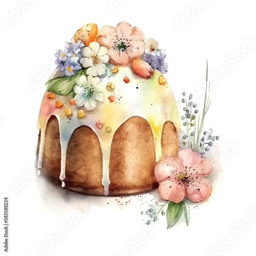 Easter kulich cake hand-drawn watercolor. Vectorized watercolor drawing.