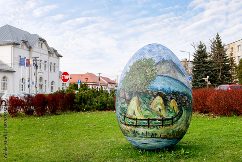 TRSTENA, SLOVAKIA - APRIL 30, 2022: Giant eggs in the streets - public Easter decoration in Trstena, Slovakia. © agneskantaruk