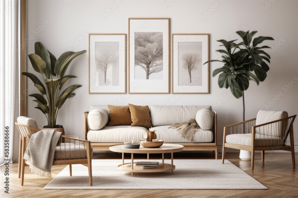 Interior design of a contemporary living room with two faux poster frames, a sophisticated sofa, a plant, a pillow, and many personal items in chic home staging. honey colored design. Generative AI