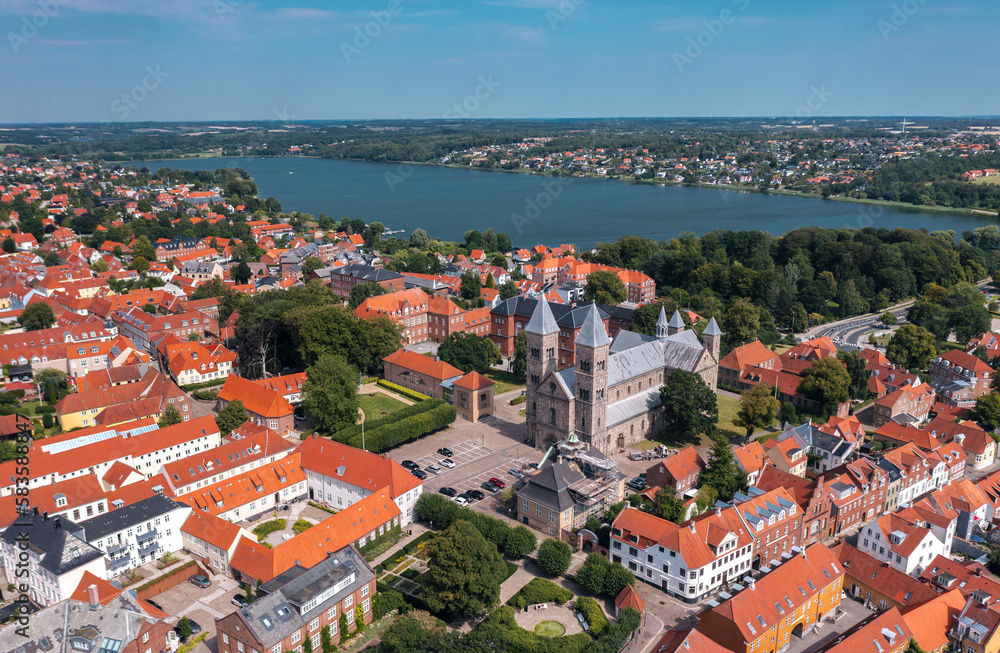 Summer cityscape of Viborg, Midtjylland, Denmark. Aerial skyline view of the old town.