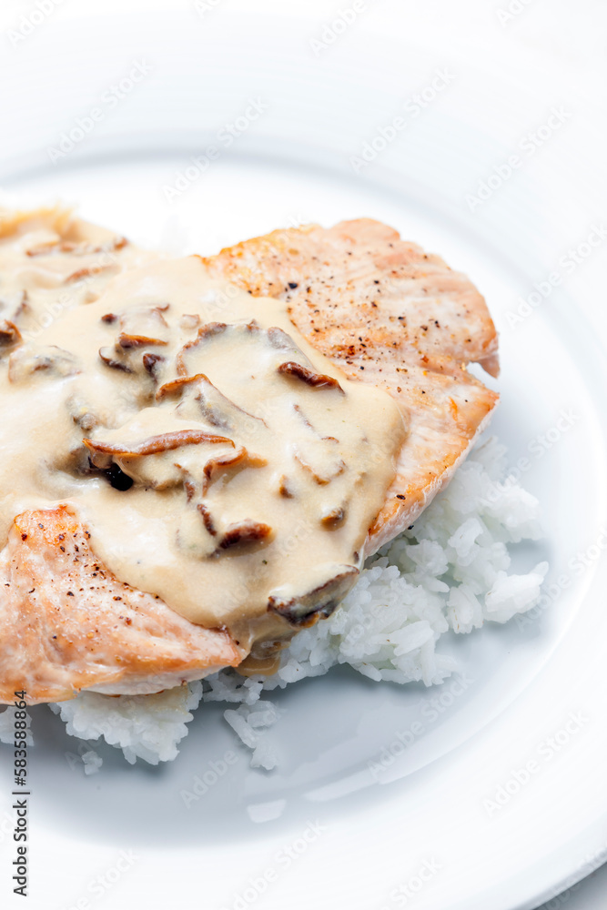 poultry meat with mushroom sauce and rice poultry meat with mushroom sauce and rice