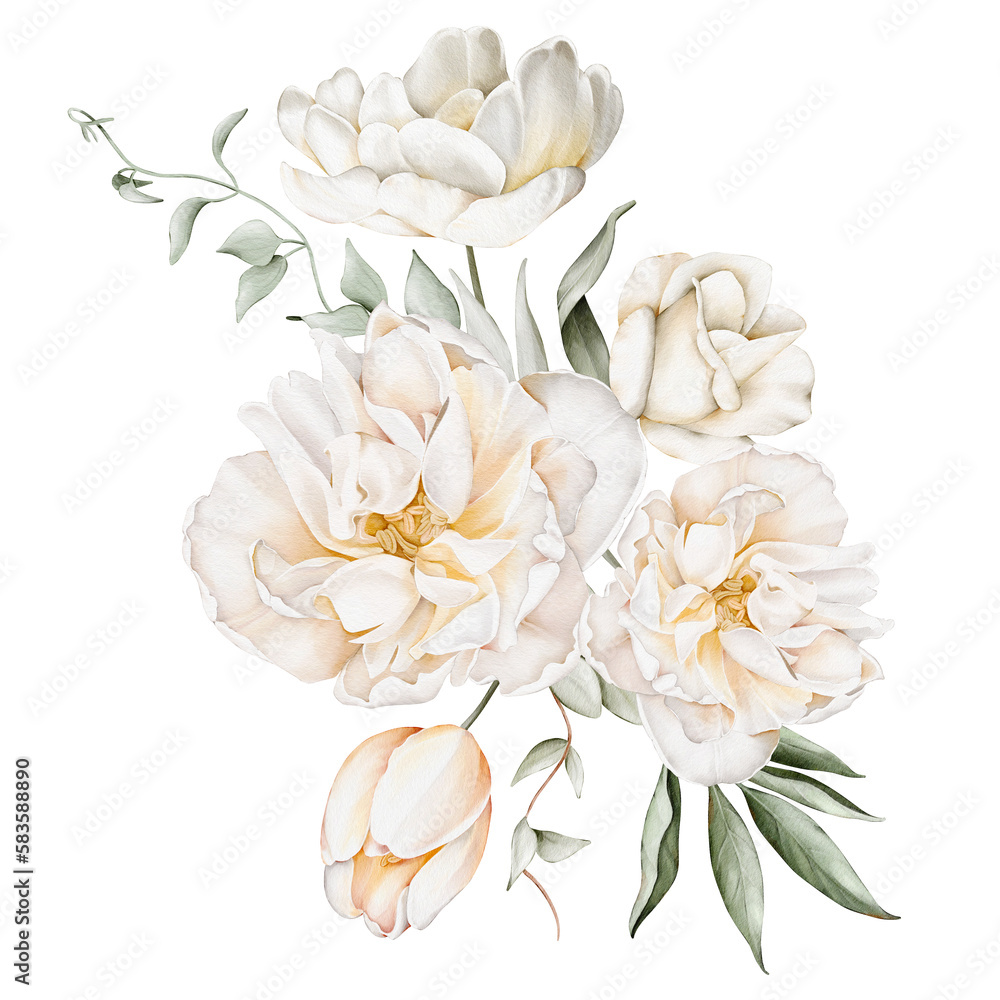 Watercolor floral bouquet of white delicate flowers and green leaves. Illustrations, isolated on white background for wedding invitations, postcards