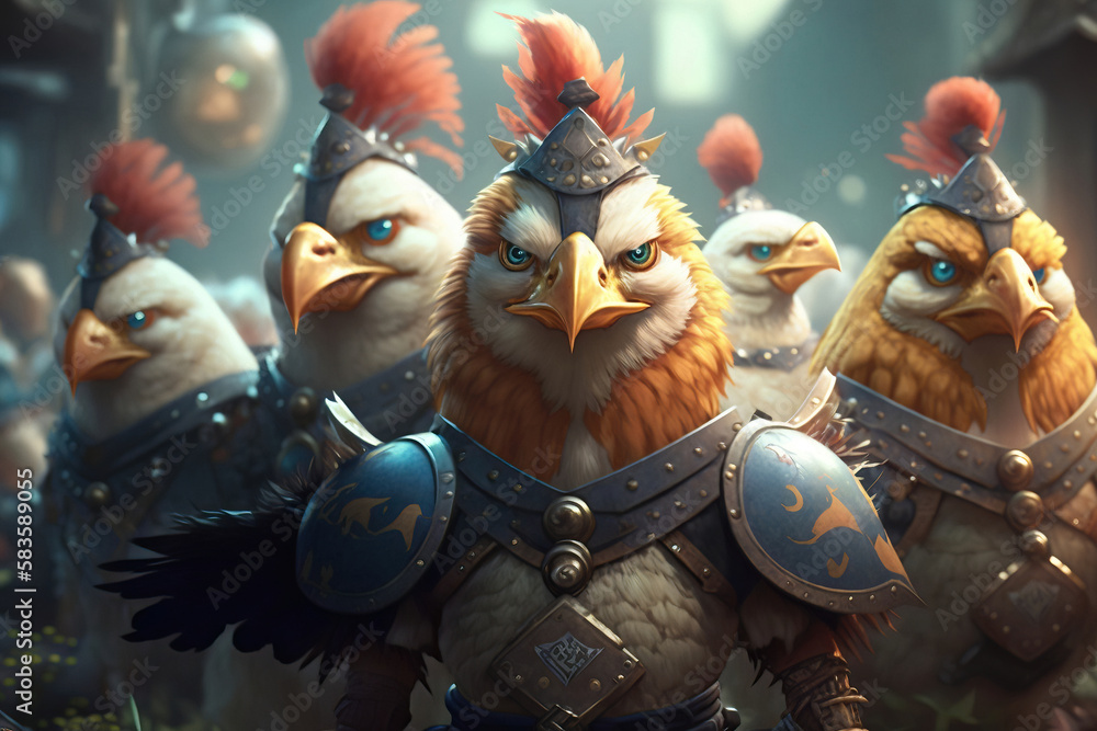 Army of chickens ready to fight, illustration generative AI