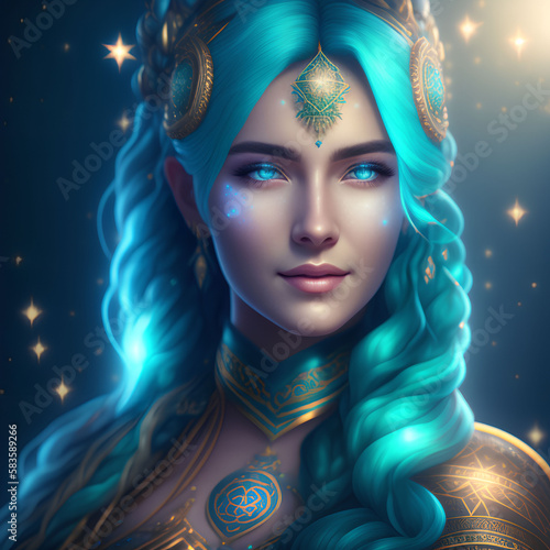 A Portrait of a Beautiful, Celestial Goddess with Aqua Hair Created with Generative AI Technology