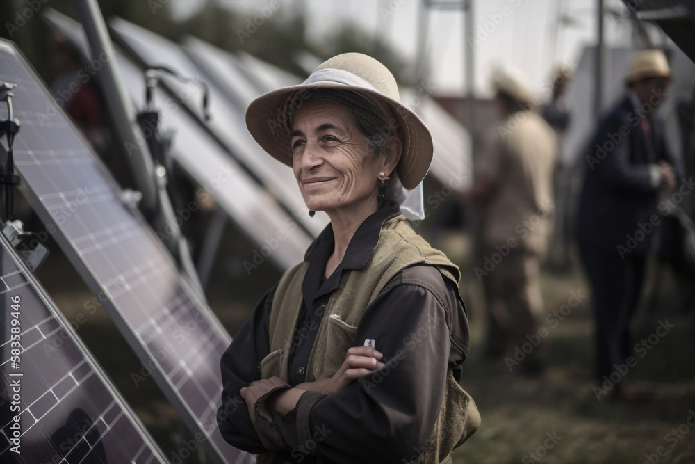 Obraz premium Generative ai female woman quality engineer examining solar panels