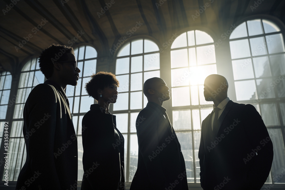 Generative ai business meeting in modern building with big windows in backlight at sunset Generative ai business meeting in modern building with big windows in backlight at sunset