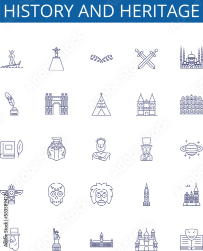 History and heritage line icons signs set. Design collection of Heritage, History, Culture, Ancestry, Tradition, Legacy, Memory, Ancestors outline concept vector illustrations