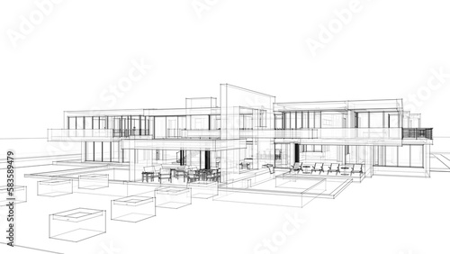 Modern villa architectural sketch 3d illustration