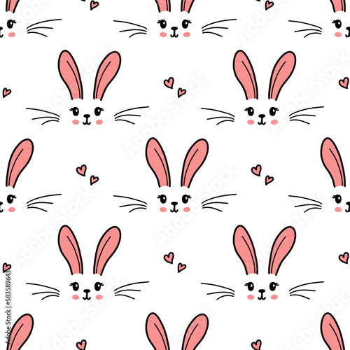 Cute bunny seamless pattern. Hand drawn doodle rabbit face and hearts vector wallpaper. Happy Easter banner background..