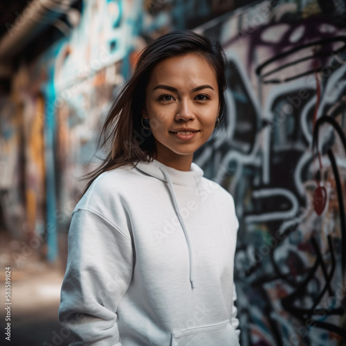 Generative ai outdoor portrait of mixed race young woman wearing a white jumper photo