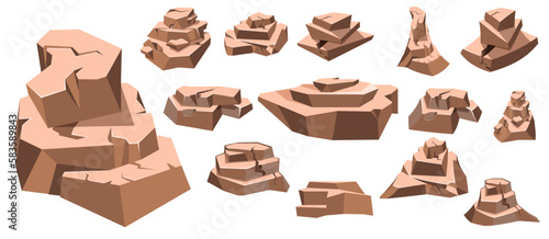 Set of stones. Gray cobblestone. Element of nature and mountains. Items for decoration and background. Flat cartoon