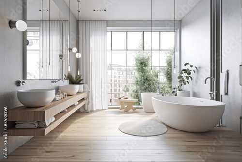 Interior of a white loft bathroom with a hardwood floor  white tub  shower  and two sinks with mirrors above them. Generative AI