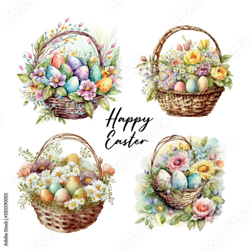 Happy easter set Vector cute classic illustrations of easter eggs in a basket of flowers, chick, bunny greeting text for a greeting card, poster or background