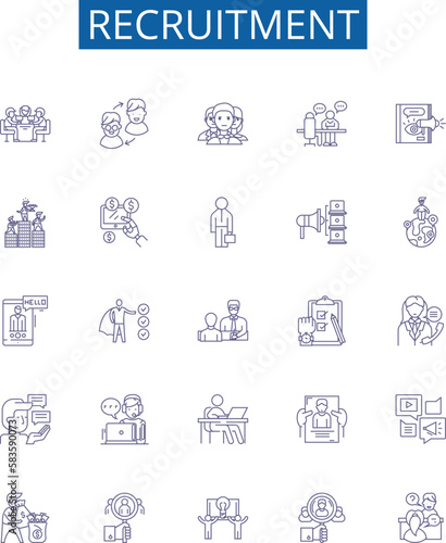 Recruitment line icons signs set. Design collection of Hiring, Appoint, Source, Staffing, Engage, Induct, Enlist, Acquire outline concept vector illustrations