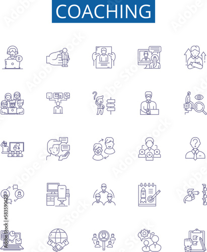 Coaching line icons signs set. Design collection of Mentoring, Guiding, Educating, Advising, Instructing, Counselling, Directing, Motivating outline concept vector illustrations