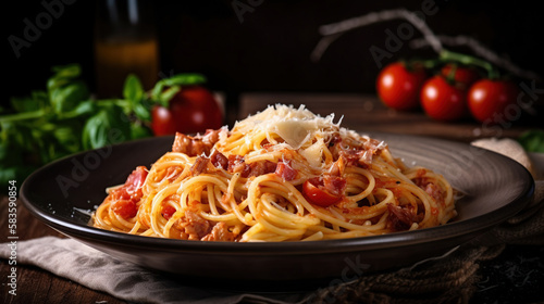 Delicious spaghetti served on a black plate. Generative Ai