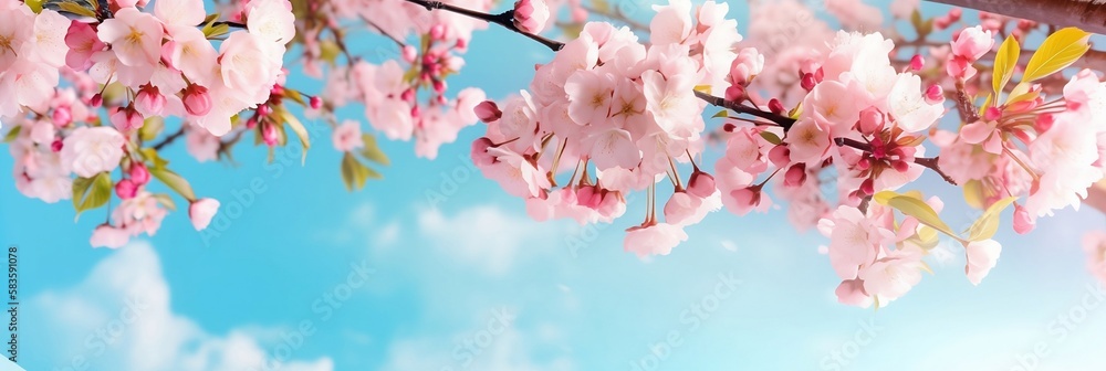 Pink cherry blossoms on a tree branch isolated on a background of the sky with clouds on a beautiful spring morning. Banner size