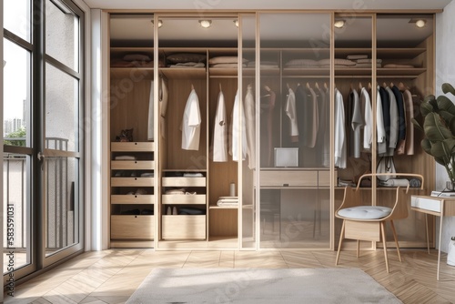 Realistic close up of a walk in closet with a contemporary folding glass door. Clothes, dress, copy space, morning sunlight, hanging, wooden, storage, background, open, and a neatly kept closet © 2rogan