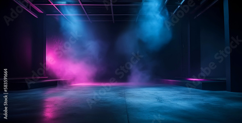 The dark stage shows with smoke, purple, and pink background, neon light, and spotlights, The asphalt floor and studio room with smoke float up the interior texture for display products