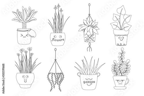 Funny stickers different plants black and white. Cartoon plants