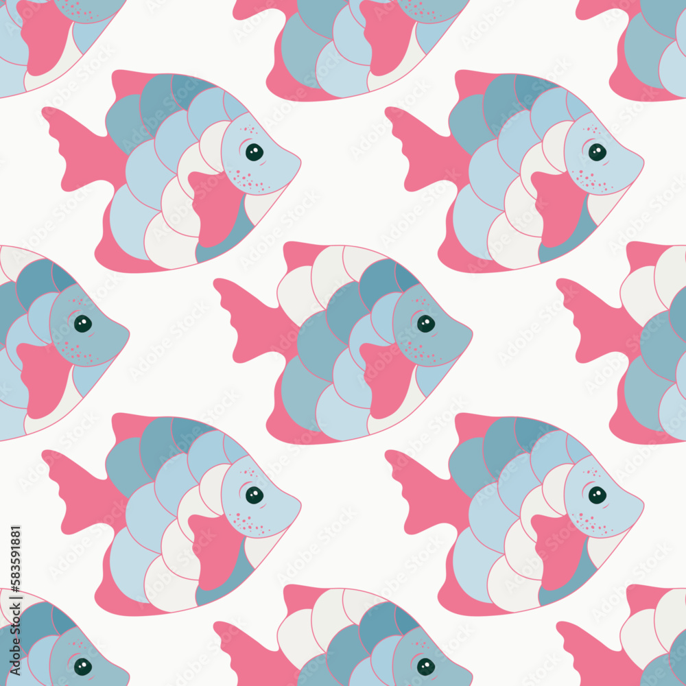 Fototapeta premium Cute coral reef fish seamless fabric print illustration. Ocean animals pattern. Children