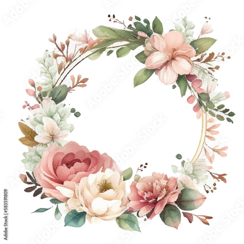 Wreath with flowers, leaves and branches in vintage watercolor style. Vector circle frame