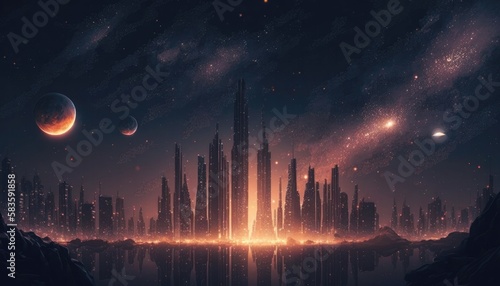 Stars Shinebove City Skyscrapers Desktop Wallpaper. Generative AI