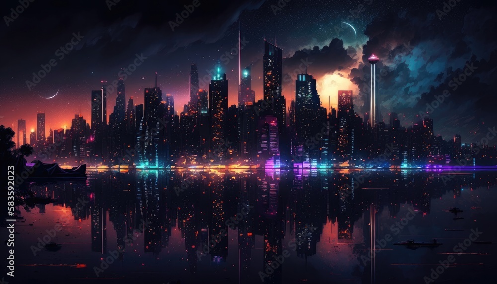 Vibrant City Skyline Illuminates Night Sky  Desktop Wallpaper. Generative AI