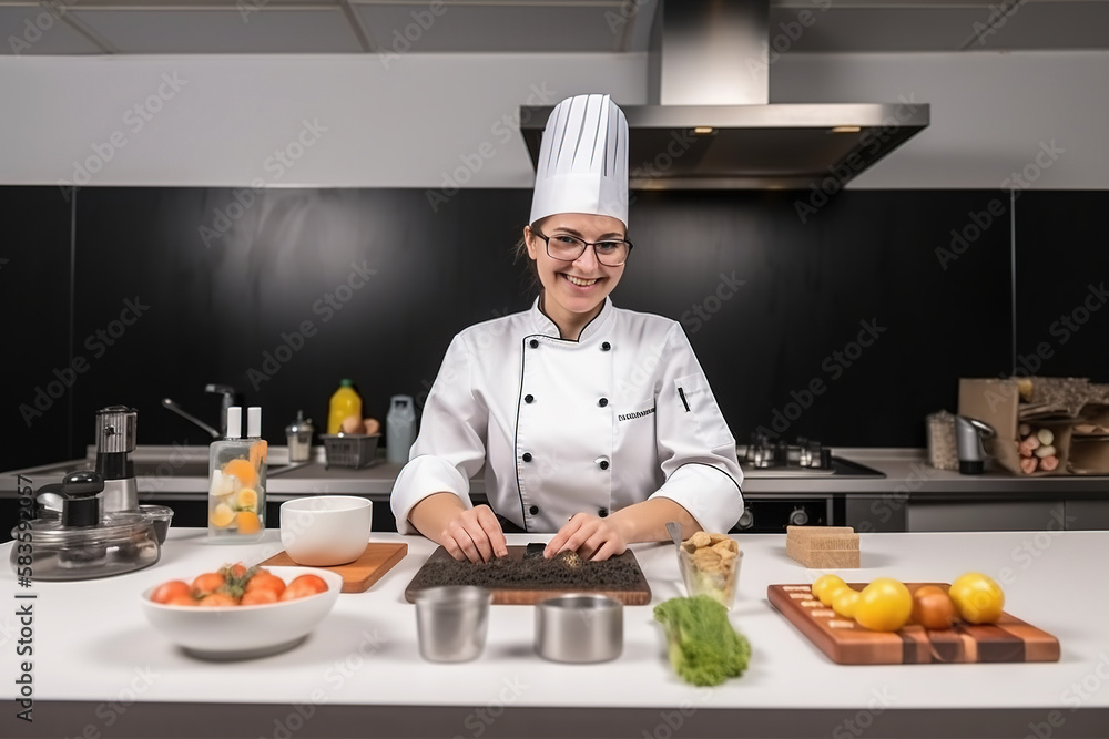 wide-angle view of a cheerful female chef in a spotless chef suite. Generative AI