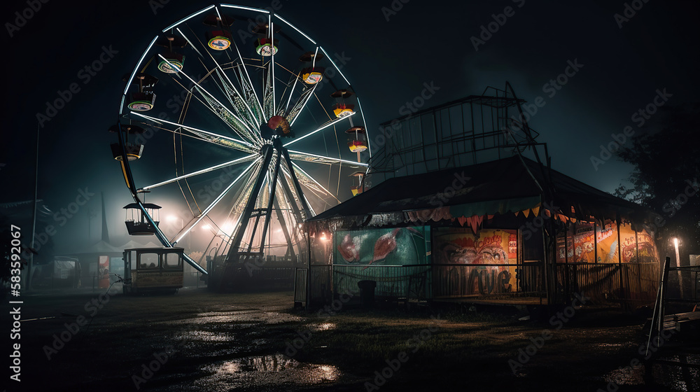abandoned carnival with a ferris wheel on a cloudy night. Generative Ai