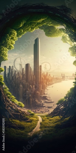 ZeroCarbon Cities CarbonNeutral Sustainable Living Mobile Wallpaper. Generative AI photo
