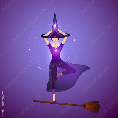 Halloween witch doing vrikshasana yoga tree posture. Yogi witch in well balanced posture practicing witchcraft