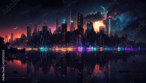 Vibrant City Skyline Illuminates Night Sky Desktop Wallpaper. Generative AI