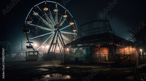 abandoned carnival with a ferris wheel on a cloudy night. Generative Ai © vectorizer88