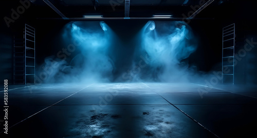 The dark stage shows with smoke  blue background  neon light  and spotlights  The asphalt floor and studio room with smoke float up the interior texture for display products