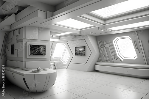 white interior of utopian futuristic moonbase, neural network generated art. Digitally generated image. Not based on any actual scene or pattern.