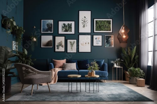 With furnishings and plants in a contemporary flat in a dark blue color  the room has a gallery wall template with 8 frames for a poster presentation. Generative AI