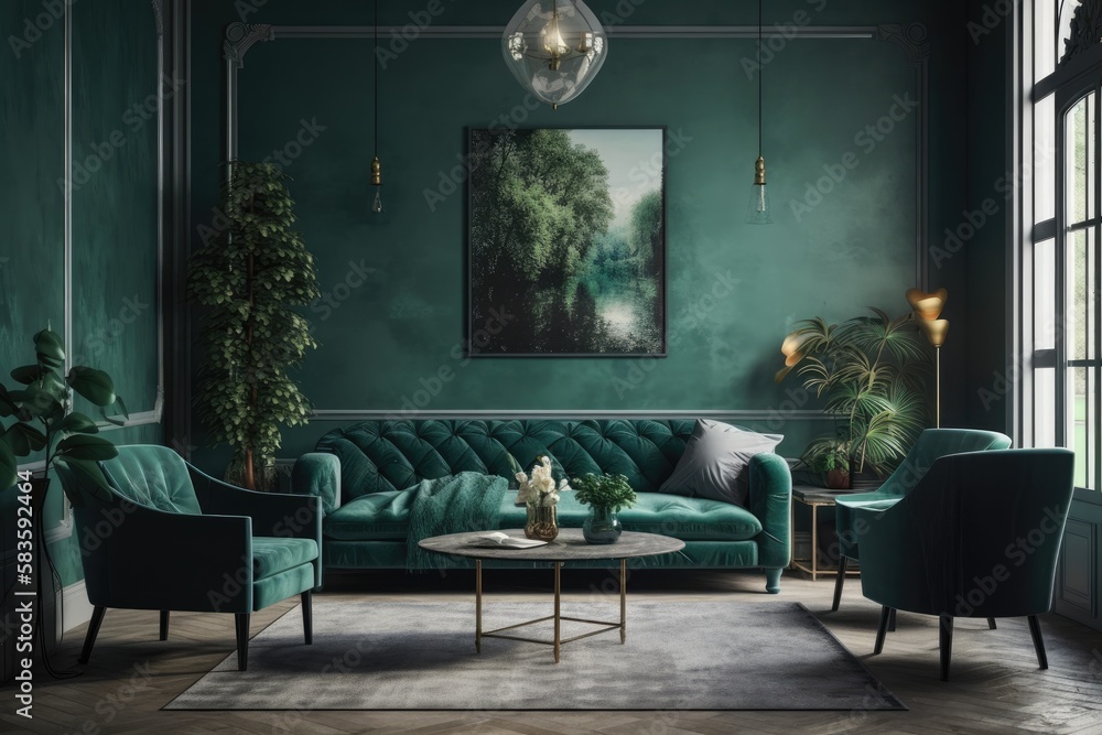 Evergreen fog is the color of the year in this grey green living room. Sofa and chairs in