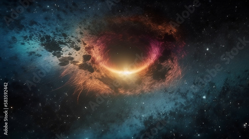 Black hole over star field in outer space  abstract space wallpaper  and sparks of light with copy space.