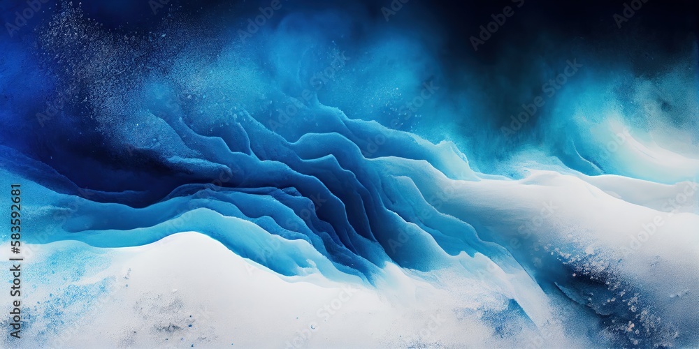 Fototapeta premium Blue and white powder explosion abstract background. Colored sand dust texture. Ai generated decorative Blue and white holi festival paint powder horizontal illustration.
