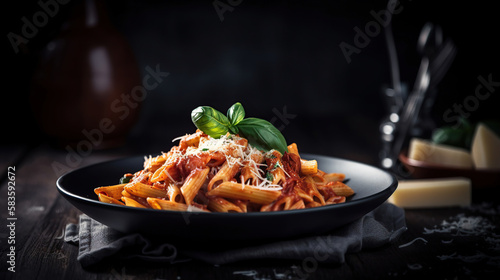 Penne pasta with tomato sauce, parmesan cheese and basil on dark background. Generative Ai