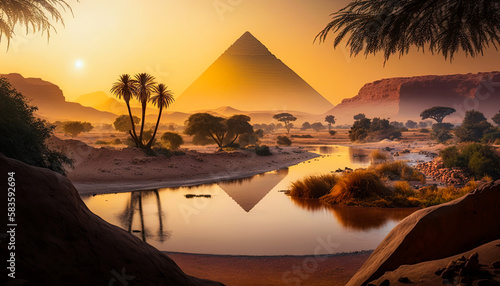 Ancient Egypt with Great pyramid in the river Nile valley. Desert landscape at sunset. Generative Ai